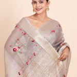 Light Grey Tissue Silk Saree With Floral Embroidery - Anvi Couture