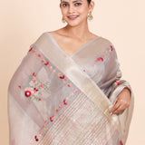 Light Grey Tissue Silk Saree With Floral Embroidery - Anvi Couture