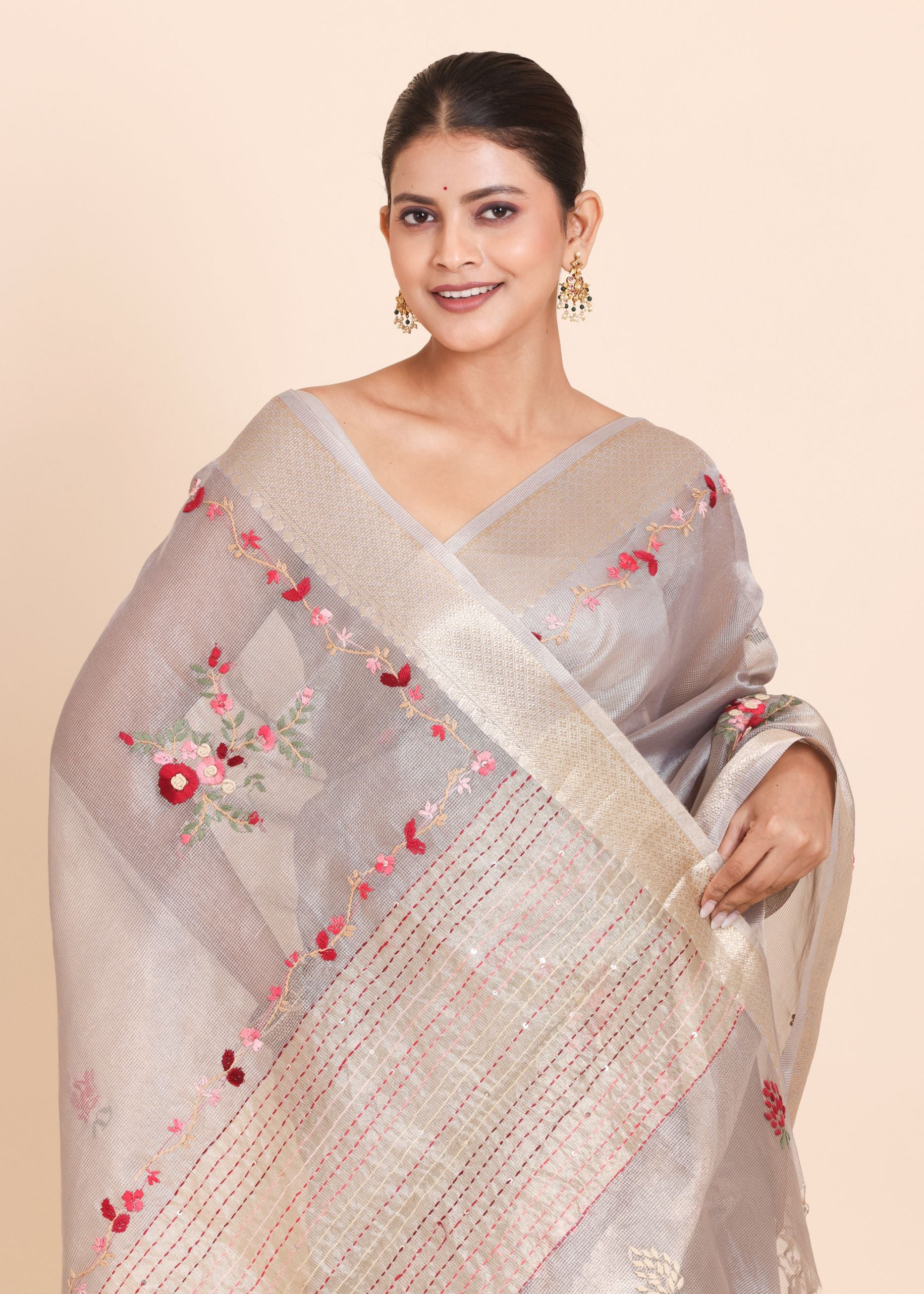 Light Grey Tissue Silk Saree With Floral Embroidery Close Up
