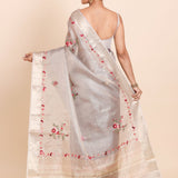 Light Grey Tissue Silk Saree With Floral Embroidery - Anvi Couture