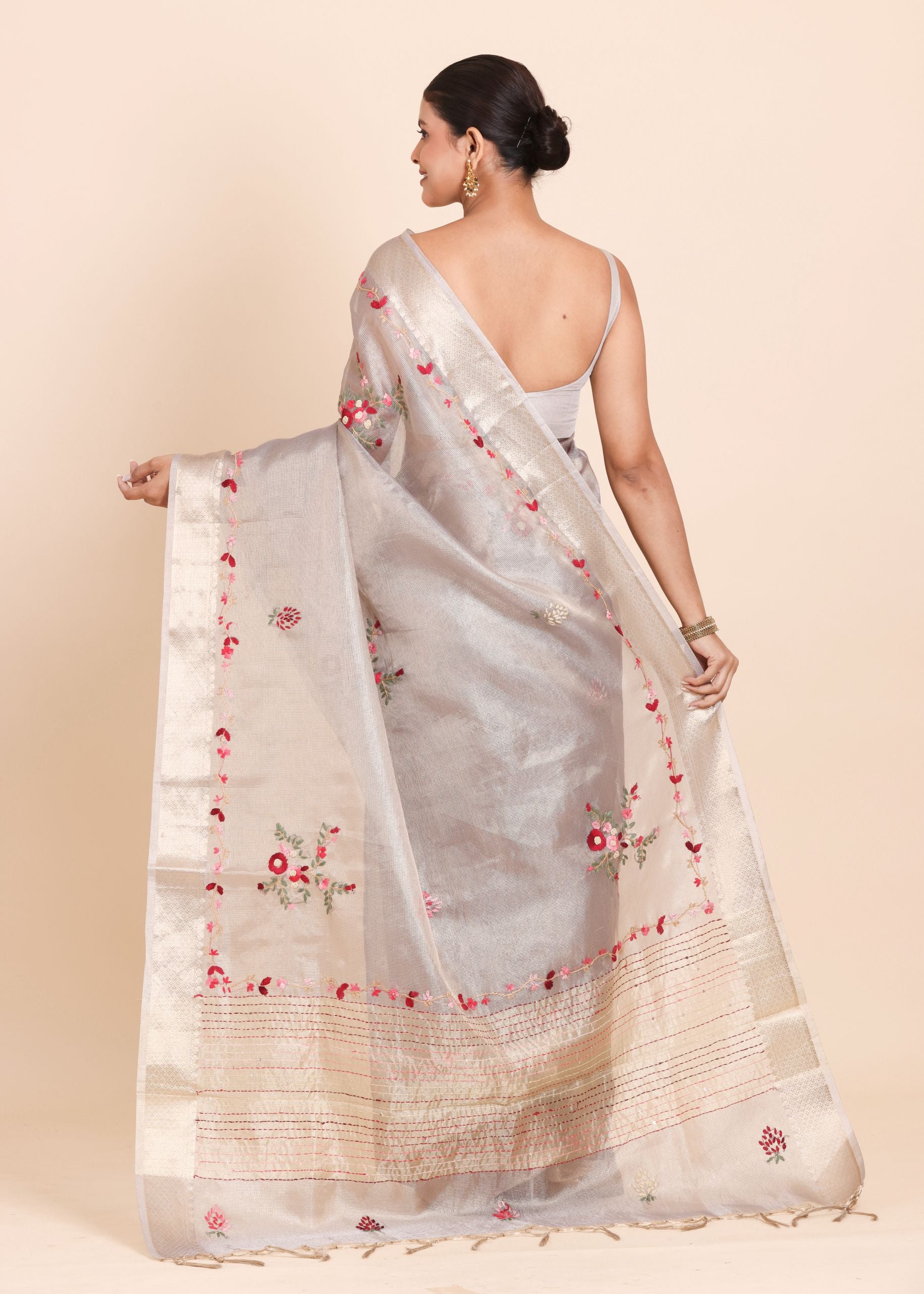 Light Grey Tissue Silk Saree With Floral Embroidery Back