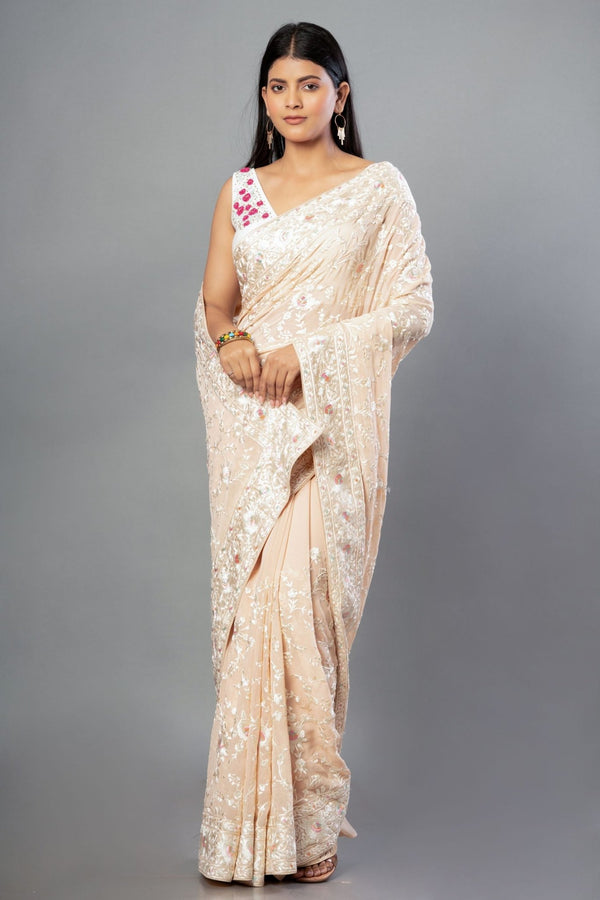 Light Peach Georgette Saree With Parsi Gara Work - Anvi Couture
