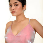 Light Pink Blouse in Organza with Strap Sleeves with Curved V-Neckline -Anvi Couture