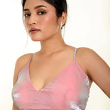 Light Pink Blouse in Organza with Strap Sleeves with Curved V-Neckline -Anvi Couture