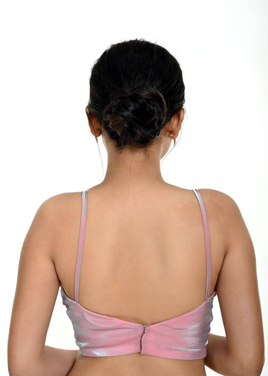 Light Pink Blouse in Organza with Strap Sleeves with Curved V-Neckline -Anvi Couture