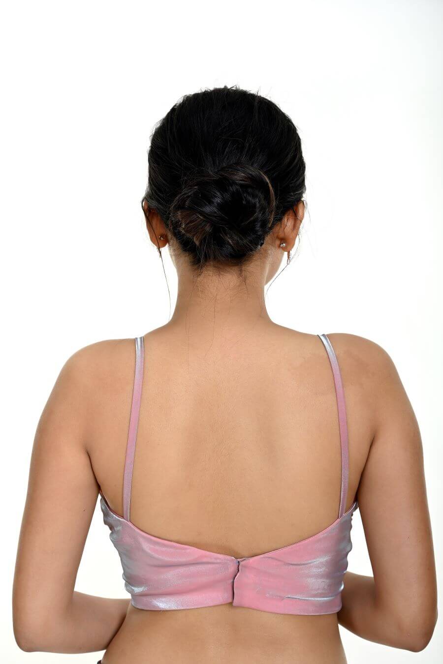 Light Pink Blouse in Organza with Strap Sleeves with Curved V-Neckline -Anvi Couture