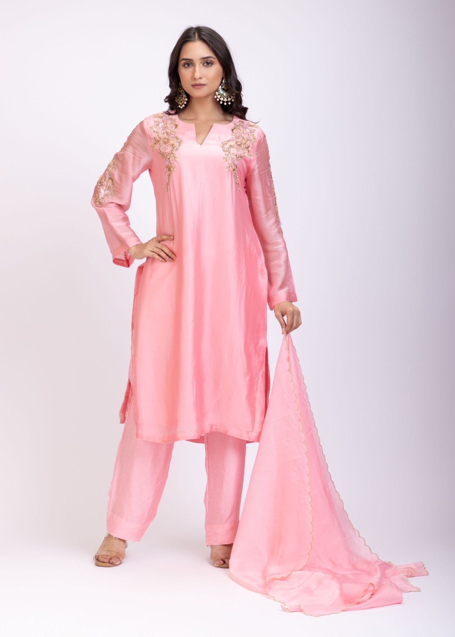Light Pink Designer Kurti Set With Hand Embroidery Work - Anvi Couture