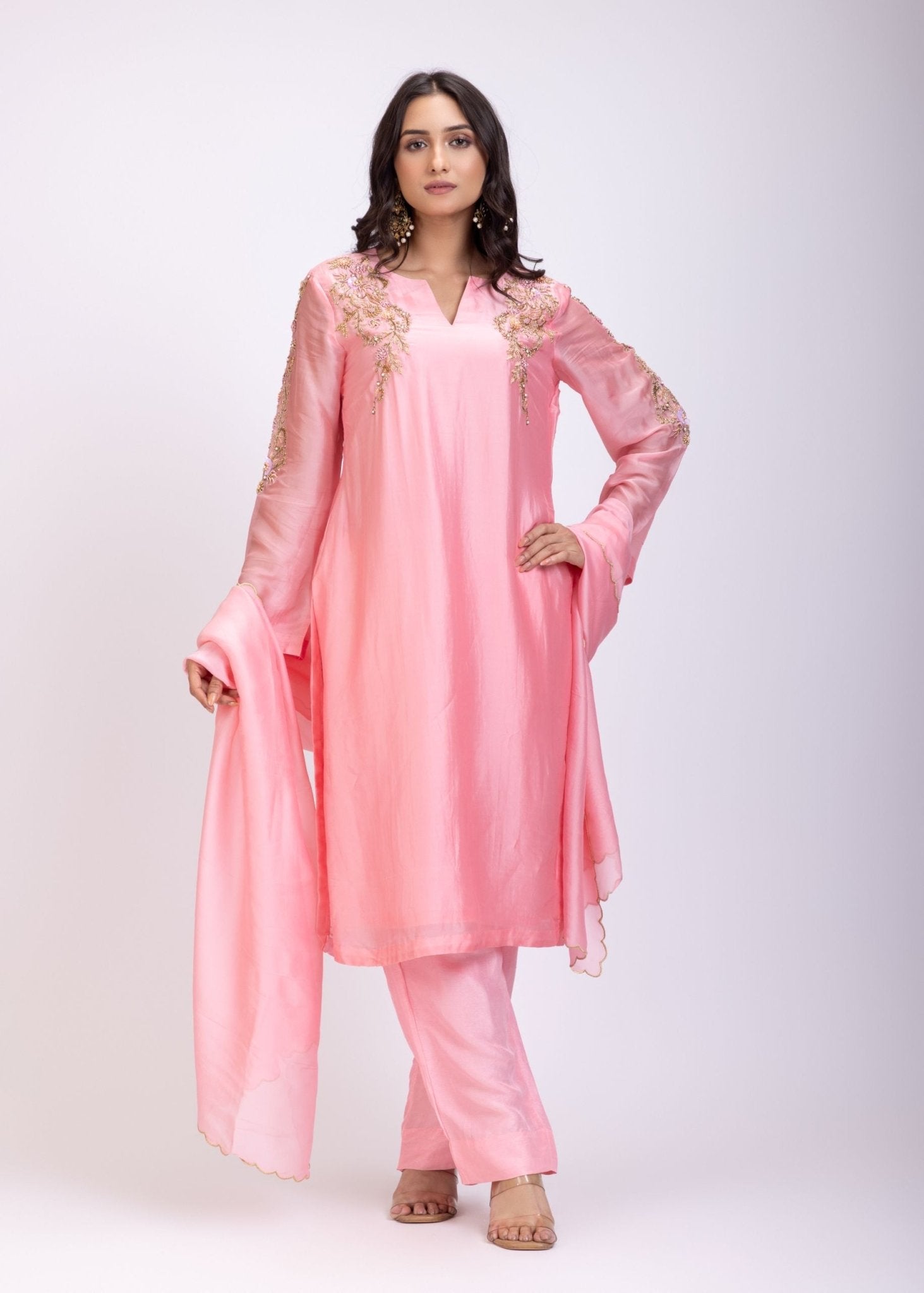 Light Pink Designer Kurti Set With Hand Embroidery Work - Anvi Couture
