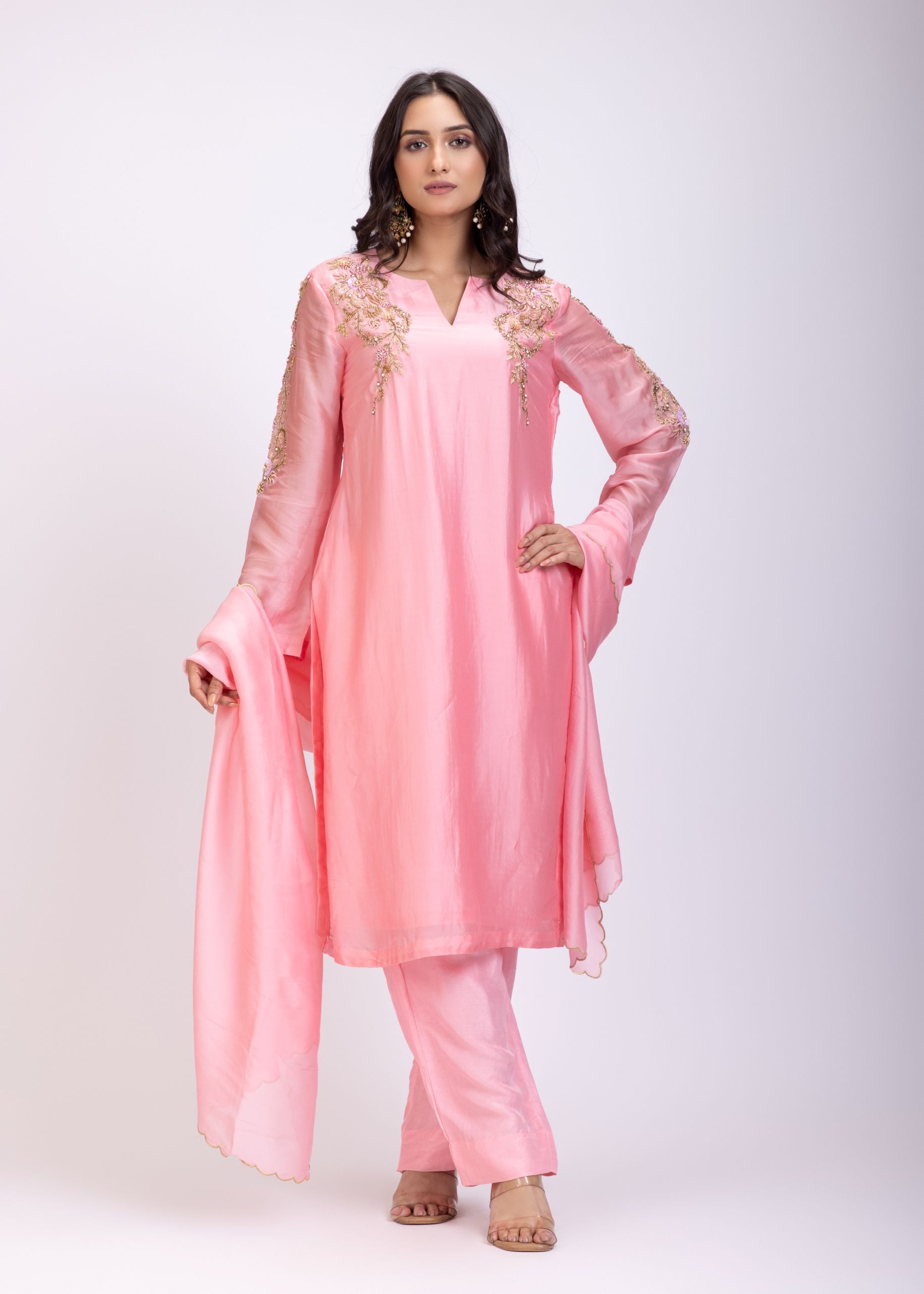 Light Pink Designer Kurti Set With Hand Embroidery Work front