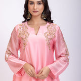 Light Pink Designer Kurti Set With Hand Embroidery Work close up