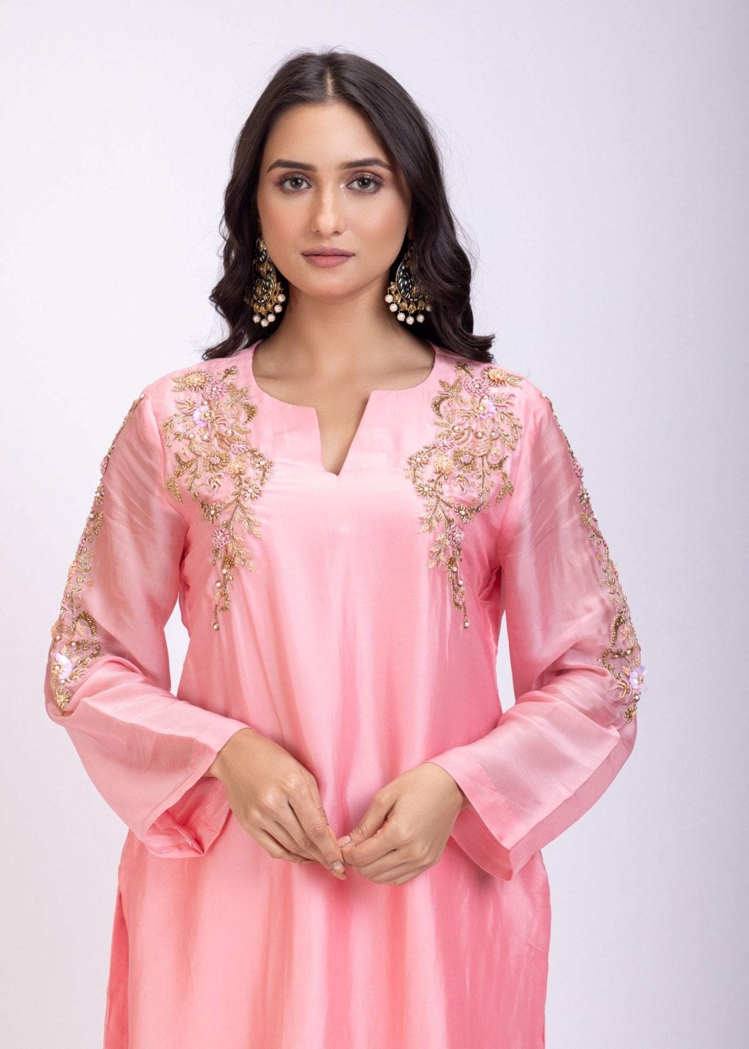Light Pink Designer Kurti Set With Hand Embroidery Work - Anvi Couture