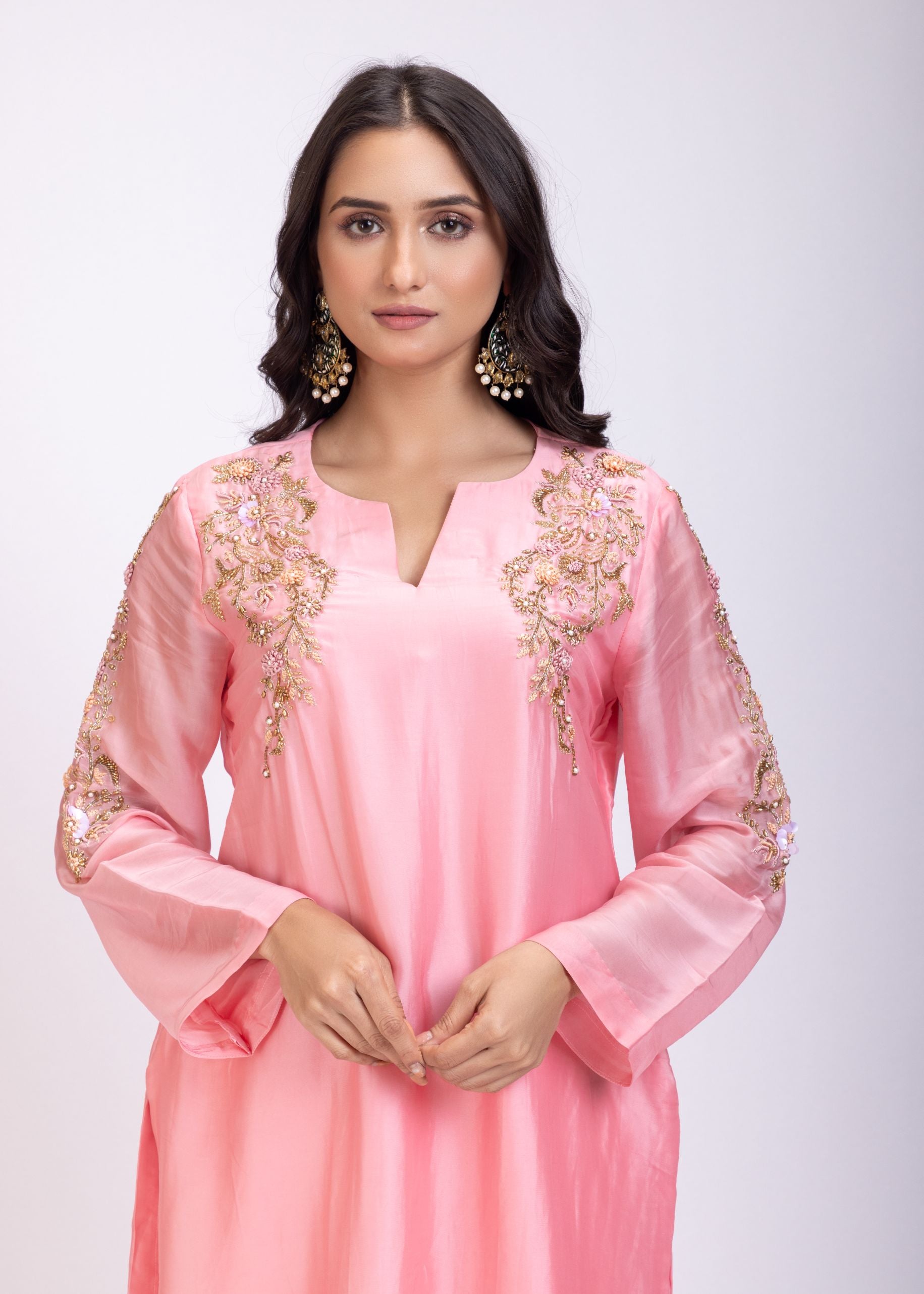 Light Pink Designer Kurti Set With Hand Embroidery Work close up