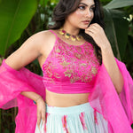 Light Pink Hand - Embroidered Floral Lehenga Set With Ruffle Dupatta - Anvi Couture