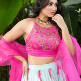 Light Pink Hand - Embroidered Floral Lehenga Set With Ruffle Dupatta - Anvi Couture