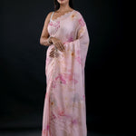 Light Pink Georgette Saree With Floral Print and Embroidered Work - Anvi Couture