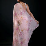 Light Pink Georgette Saree With Floral Print and Embroidered Work - Anvi Couture