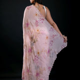Light Pink Georgette Saree With Floral Print and Embroidered Work - Anvi Couture