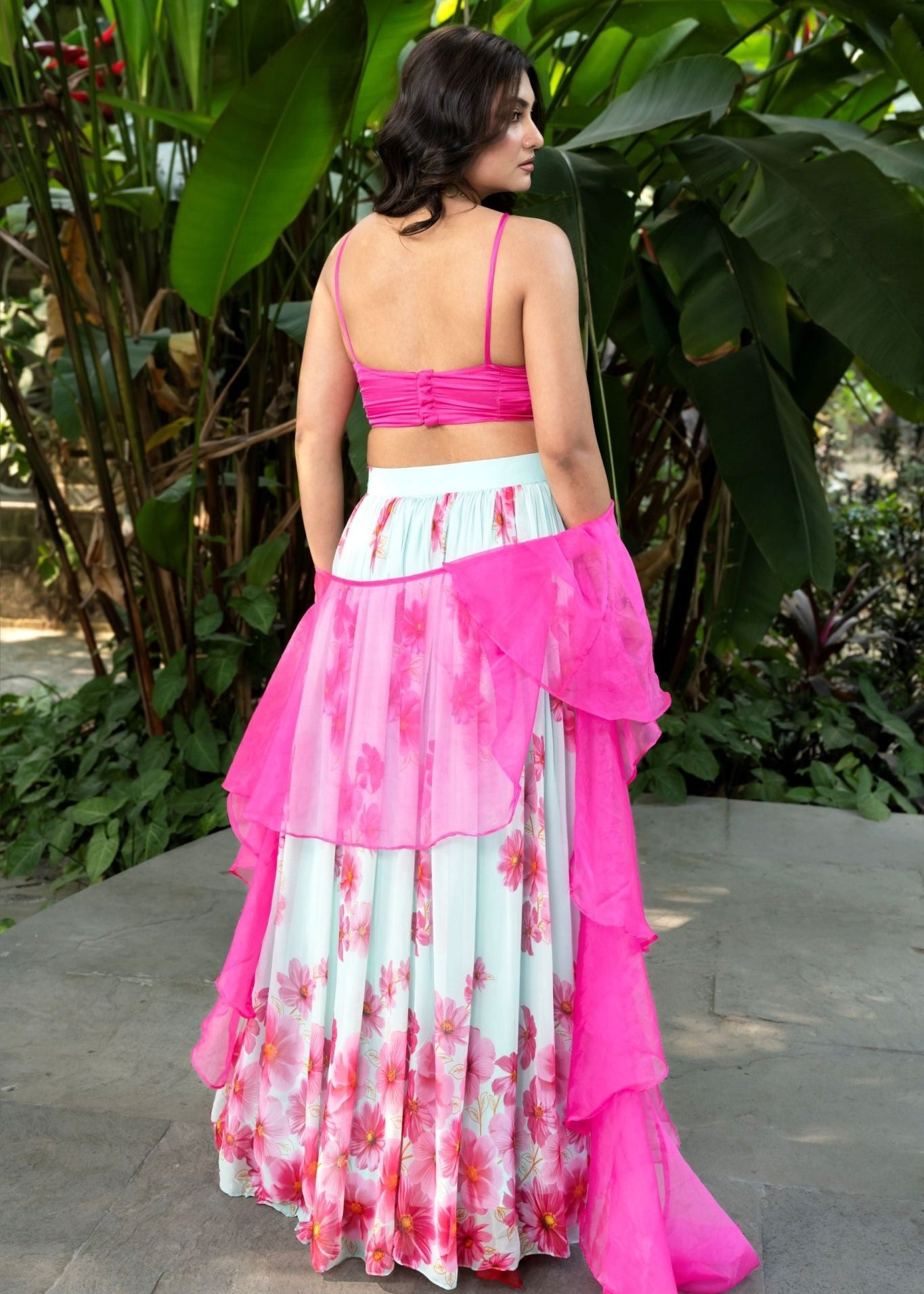 Light Pink Hand - Embroidered Floral Lehenga Set With Ruffle Dupatta - Anvi Couture