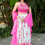 Light Pink Hand - Embroidered Floral Lehenga Set With Ruffle Dupatta - Anvi Couture