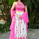 Light Pink Hand - Embroidered Floral Lehenga Set With Ruffle Dupatta - Anvi Couture