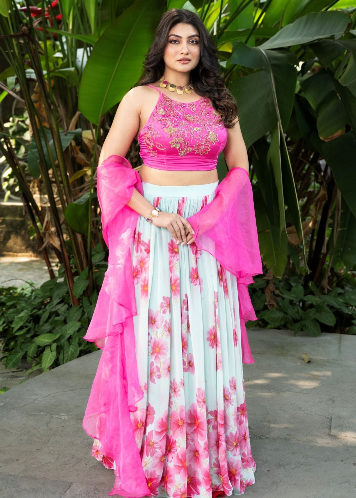 Light Pink Hand - Embroidered Floral Lehenga Set With Ruffle Dupatta - Anvi Couture
