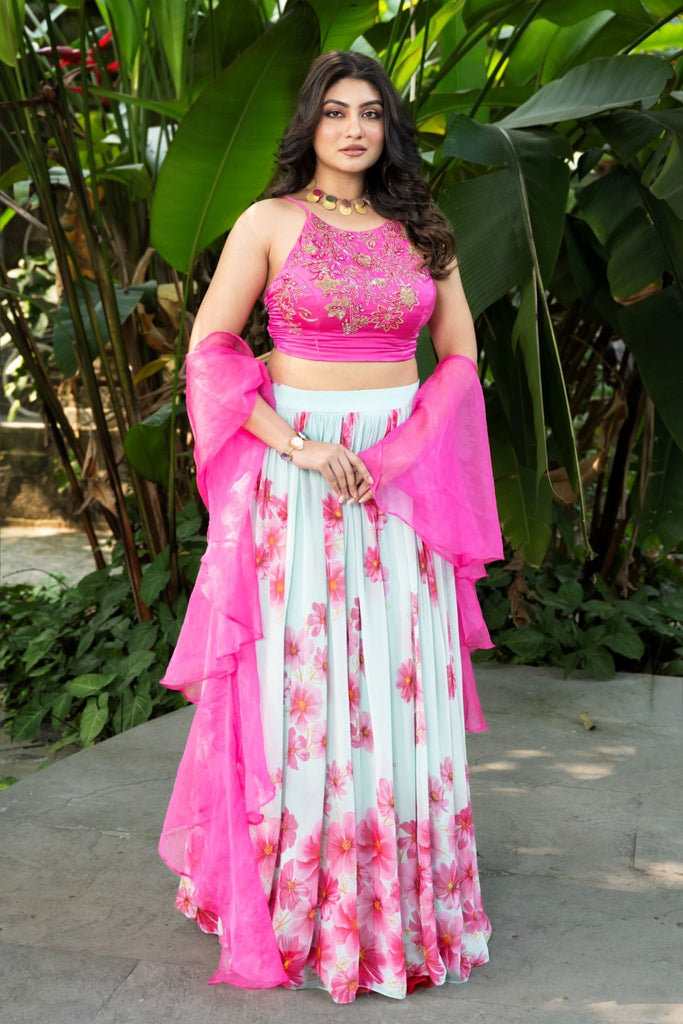Light Pink Hand-Embroidered Floral Lehenga Set With Ruffle Dupatta
