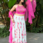 Light Pink Hand - Embroidered Floral Lehenga Set With Ruffle Dupatta - Anvi Couture