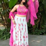 Light Pink Hand - Embroidered Floral Lehenga Set With Ruffle Dupatta - Anvi Couture