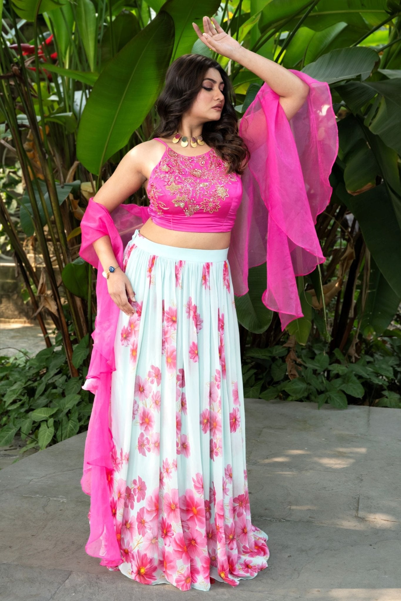 Light Pink Hand - Embroidered Floral Lehenga Set With Ruffle Dupatta - Anvi Couture