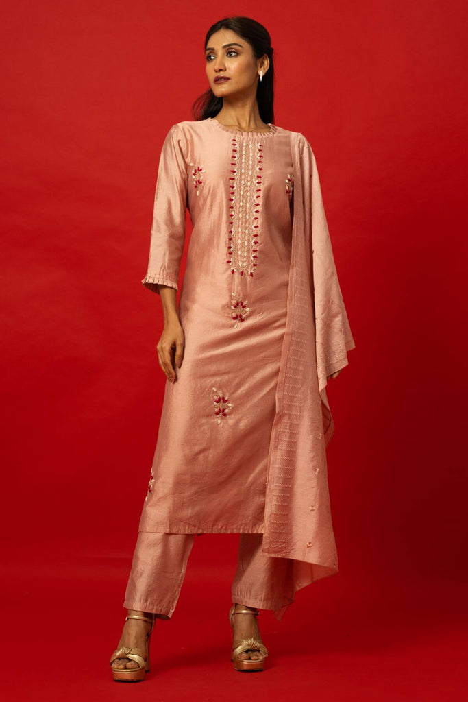 Light Pink Embroidery Work Silk Kurti Set
