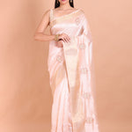 Light Pink Silk Saree with Golden Border and Floral Embroidery - Anvi Couture