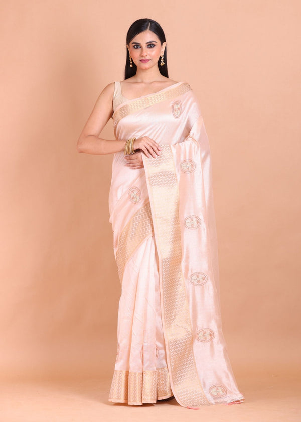 Light Pink Silk Saree with Golden Border and Floral Embroidery - Anvi Couture