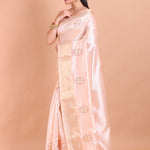 Light Pink Silk Saree with Golden Border and Floral Embroidery - Anvi Couture