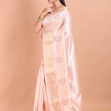 Light Pink Silk Saree with Golden Border and Floral Embroidery - Anvi Couture