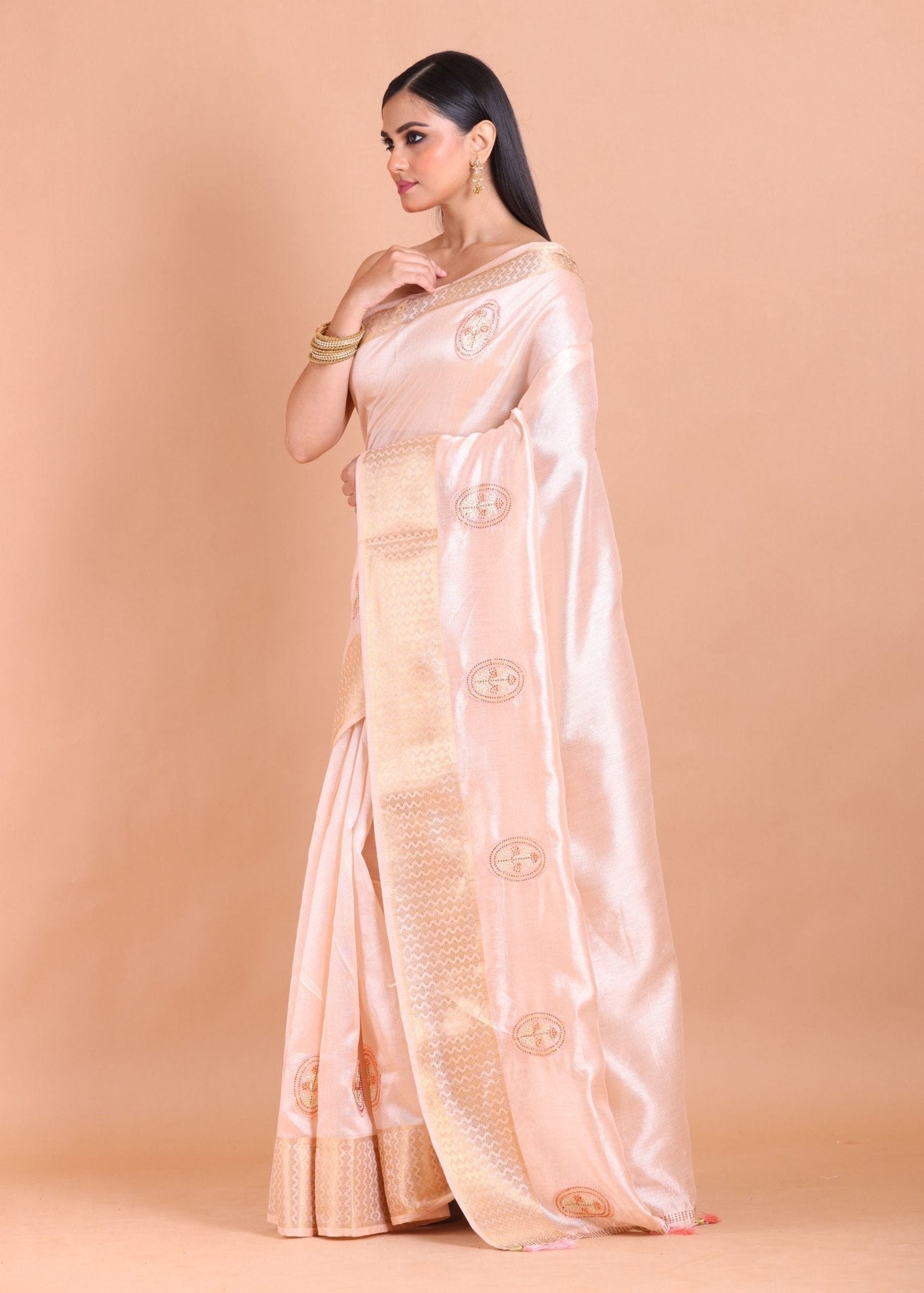 Light Pink Silk Saree with Golden Border and Floral Embroidery - Anvi Couture