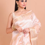 Light Pink Silk Saree with Golden Border and Floral Embroidery - Anvi Couture