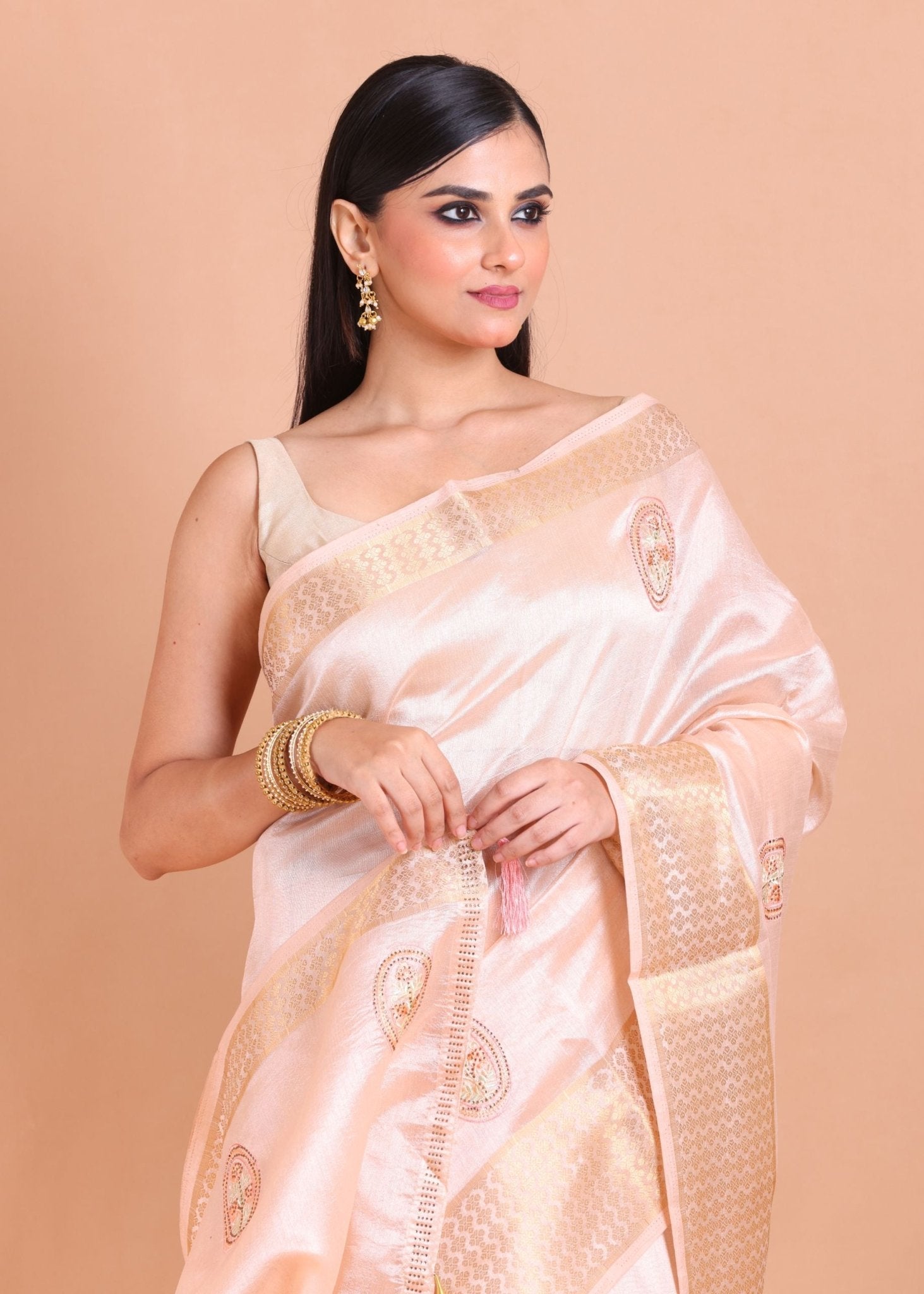 Light Pink Silk Saree with Golden Border and Floral Embroidery - Anvi Couture