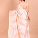 Light Pink Silk Saree with Golden Border and Floral Embroidery - Anvi Couture