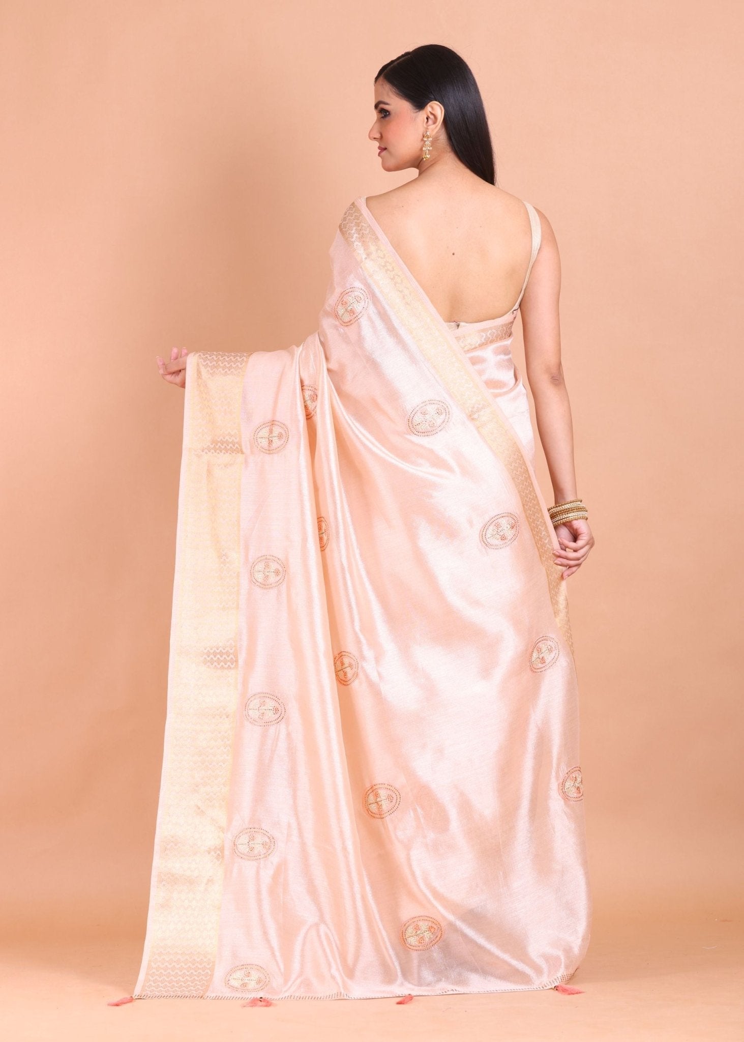 Light Pink Silk Saree with Golden Border and Floral Embroidery - Anvi Couture