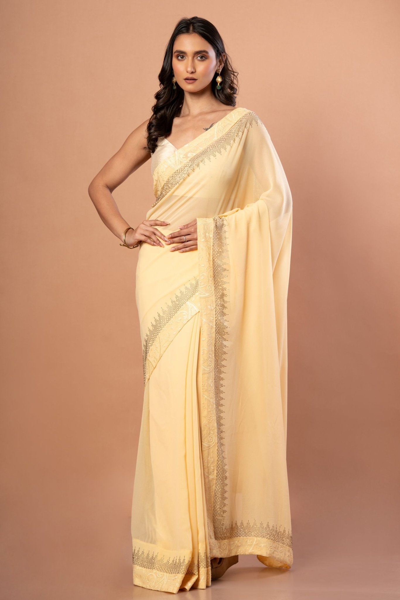 Light Yellow Georgette saree with sequin work - Anvi Couture