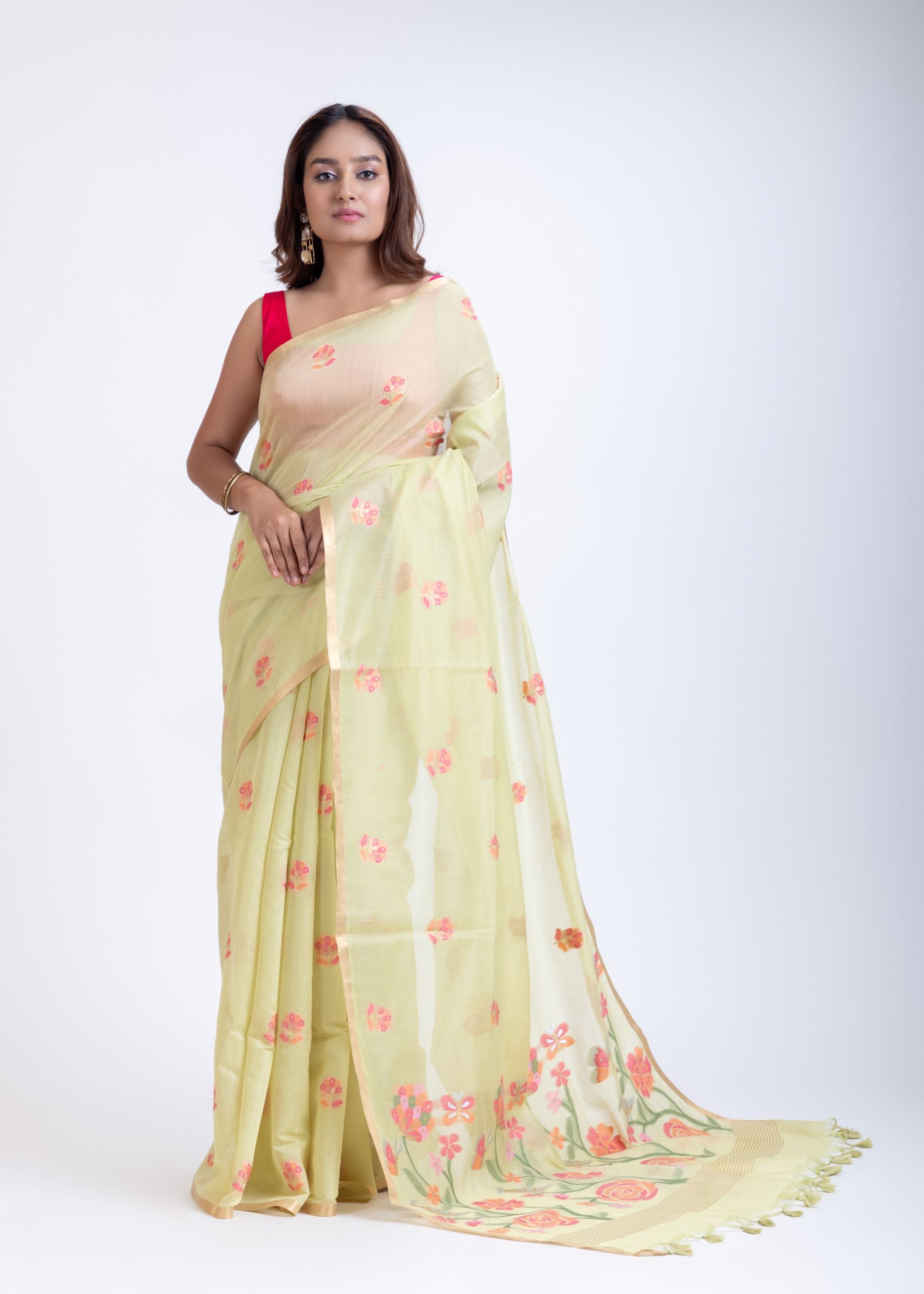 Light Yellow Handloom Jamdani Saree with Pink Floral Woven Design Full