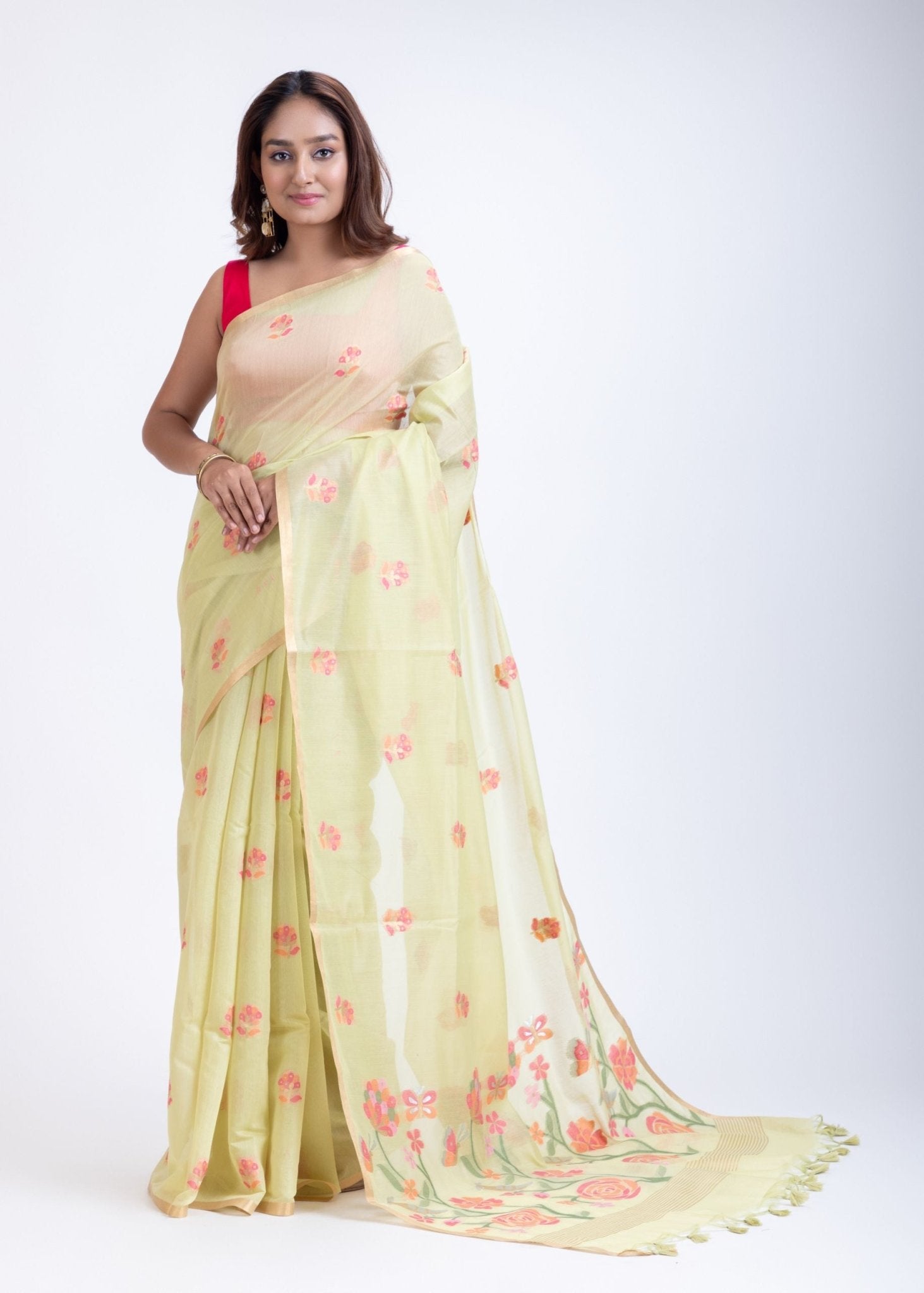 Light Yellow Handloom Jamdani Saree with Pink Floral Woven Design - Anvi Couture