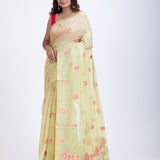 Light Yellow Handloom Jamdani Saree with Pink Floral Woven Design Back