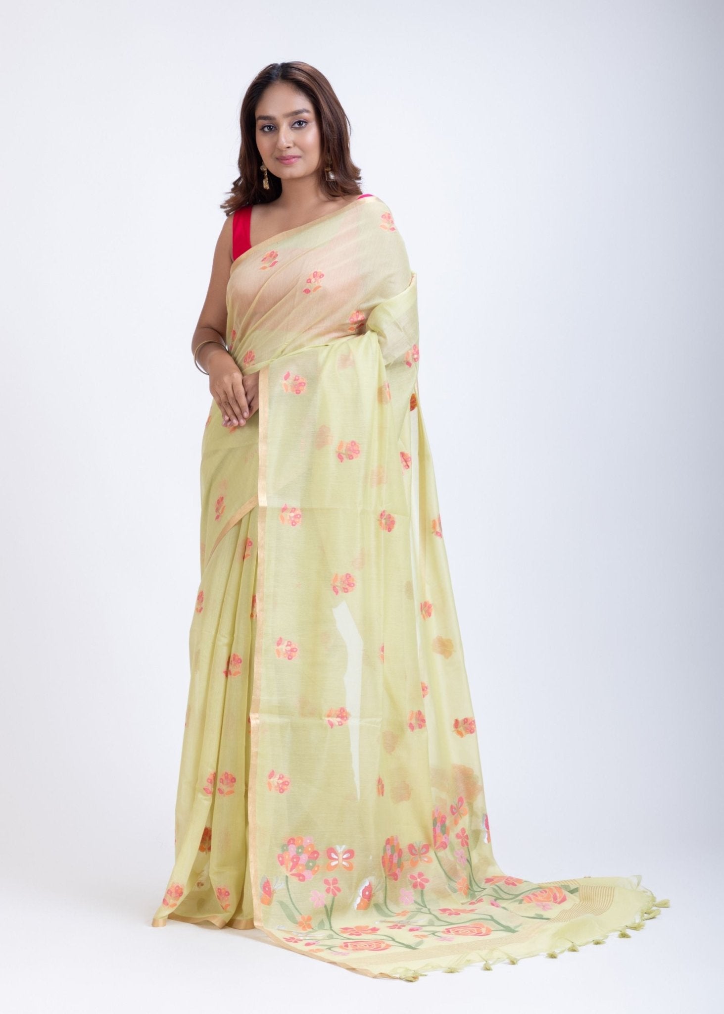 Light Yellow Handloom Jamdani Saree with Pink Floral Woven Design - Anvi Couture