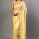 Light Yellow Heavy Embroidery Satin Silk Saree - Anvi Couture - Image 1