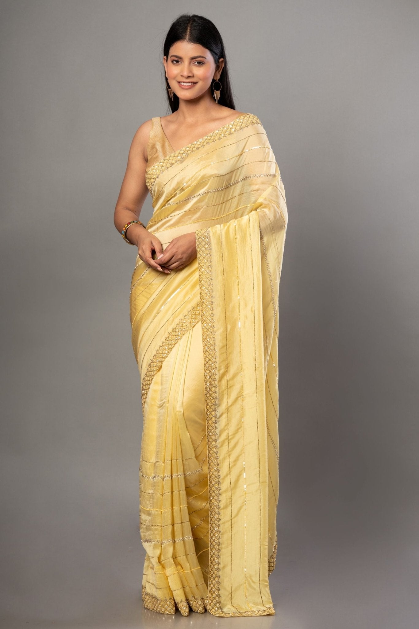 Light Yellow Heavy Embroidery Satin Silk Saree - Anvi Couture - Image 1