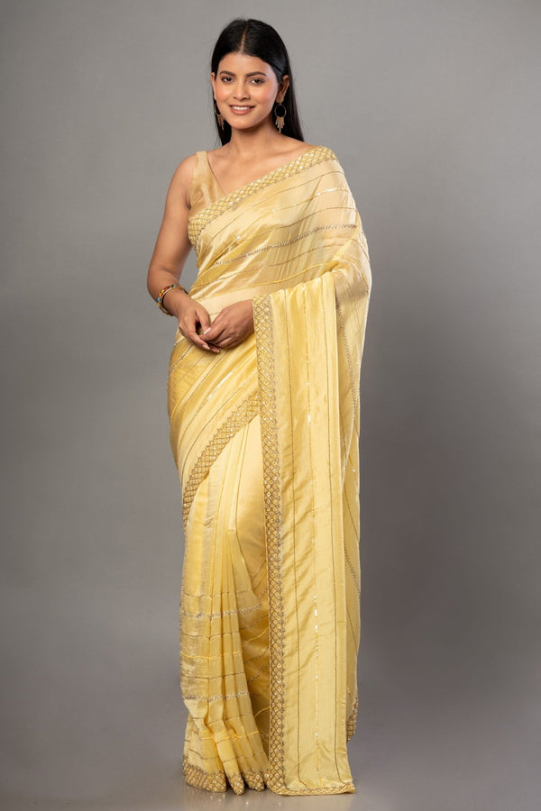 Light Yellow Heavy Embroidery Satin Silk Saree - Anvi Couture - Image 1