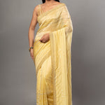 Light Yellow Heavy Embroidery Satin Silk Saree - Anvi Couture - Image 1