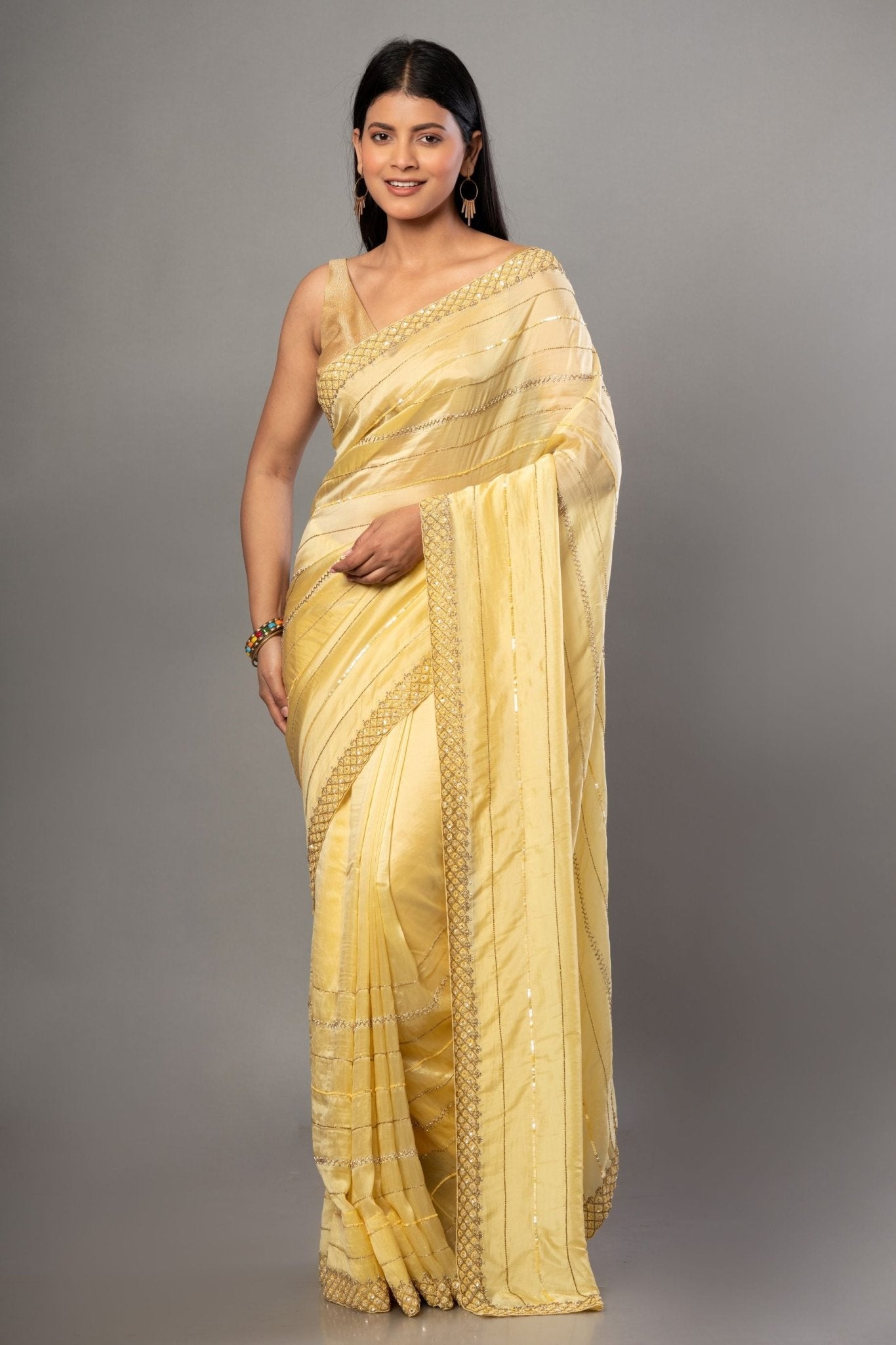 Light Yellow Heavy Embroidery Satin Silk Saree - Anvi Couture - Image 1