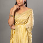 Light Yellow Heavy Embroidery Satin Silk Saree - Anvi Couture - Image 3